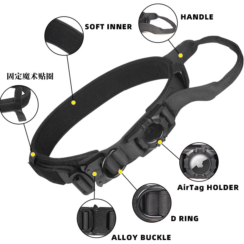 Heavy Duty Tactical Military Dog Collar with AirTag Holder (AirTag not inc)